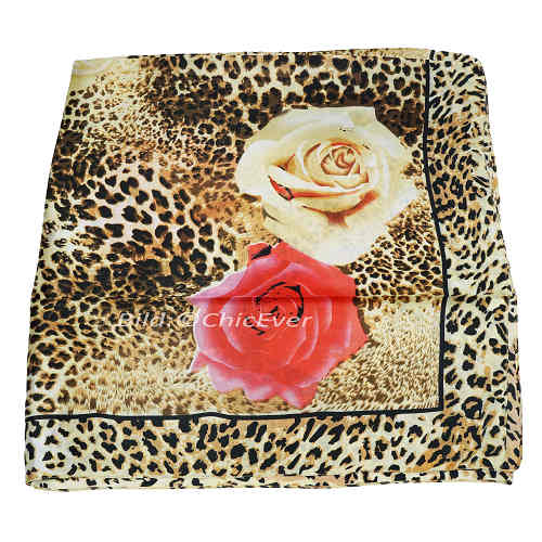 Schönes Seidentuch Damentuch aus 100% Seide Halstuch 85x85cm Rosen & Leopard braun creme rot 6120